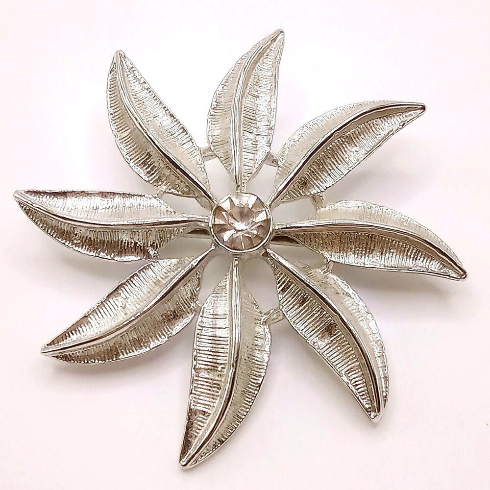 Vintage Gerrys Brooch Flower Design Silver Tone Crystal Center Lapel Pin